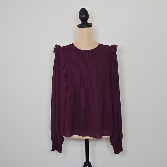 Allison Joy Tops - ALLISON JOY Womens Plum Pleated Ruffle Sleeve Keyhole Chiffon Blouse Top Size S